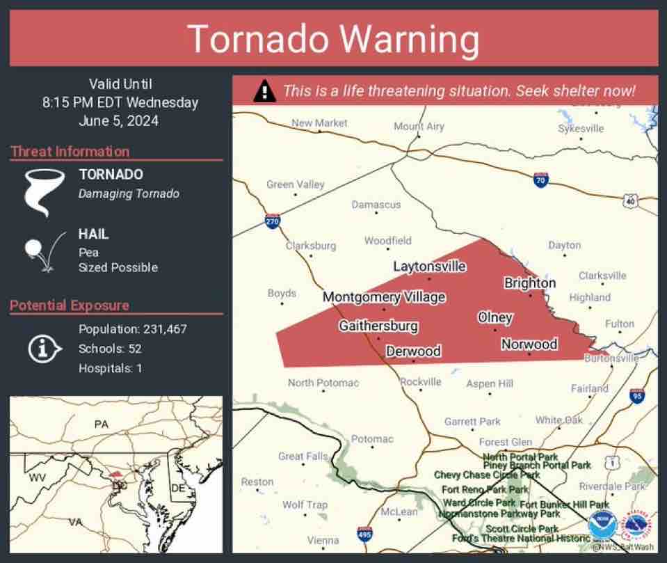 URGENT: a confirmed tornado 🌪️ has been located over Gaithersburg. A Tornado Warning ⚠️ is active for Gaithersburg, Olney &amp; Montgomery Village MD until 8:15 PM. Shelter in a sturdy building away from windows. DO NOT DRIVE IN THESE CONDITIONS. Find a safe place to shelter now!