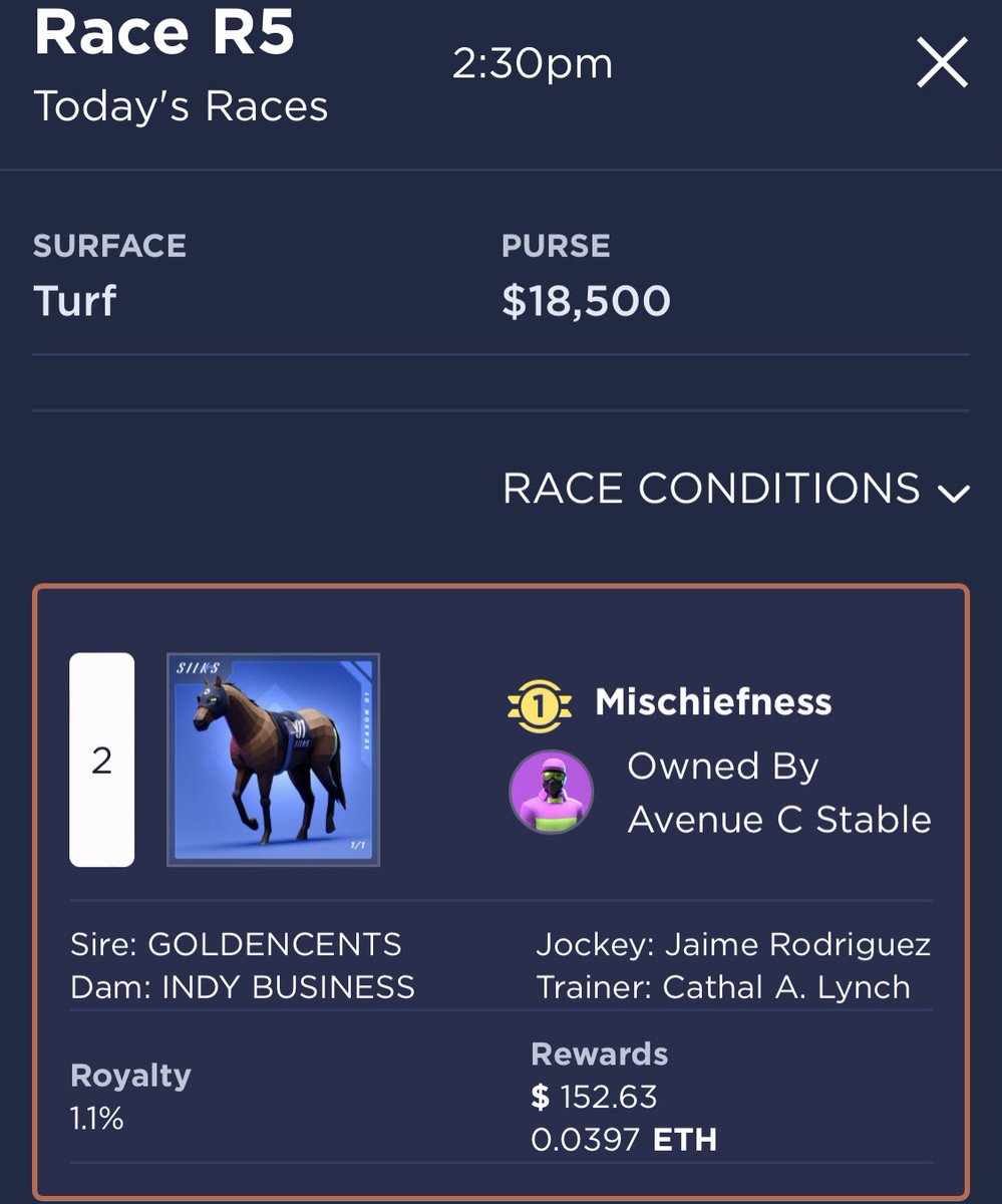 I own two 🐴 100% outright in the <a href="/gameofsilks/">Game of Silks</a>. Just checking my day and happy to see we are starting off <a href="/BelmontStakes/">Belmont Stakes</a> Weekend right with my first solo W! 
Real Rewards!