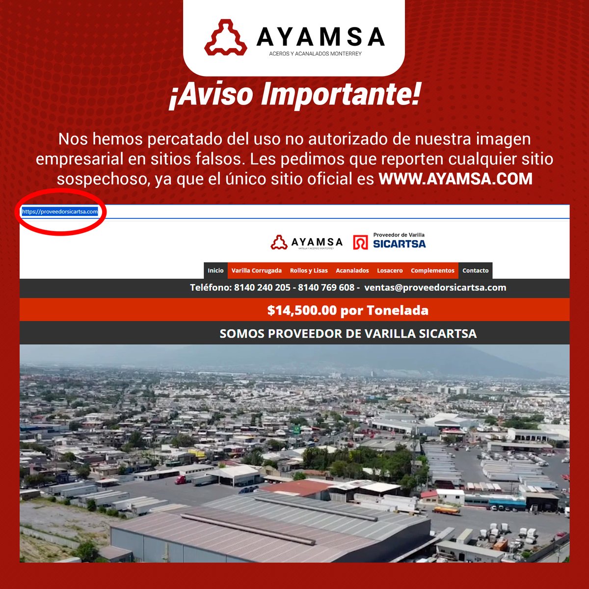 ayamsamx's tweet photo. Nos hemos percatado del uso no autorizado de nuestra imagen empresarial en sitios falsos.
.
Únicos medios oficiales de comunicación:
📱 (81) 81315410
💻 https://t.co/41EjkikPsf
.
#AYAMSA #TanFuerteComoElAcero #iso900 #SDI https://t.co/qFQpfqaZ9m