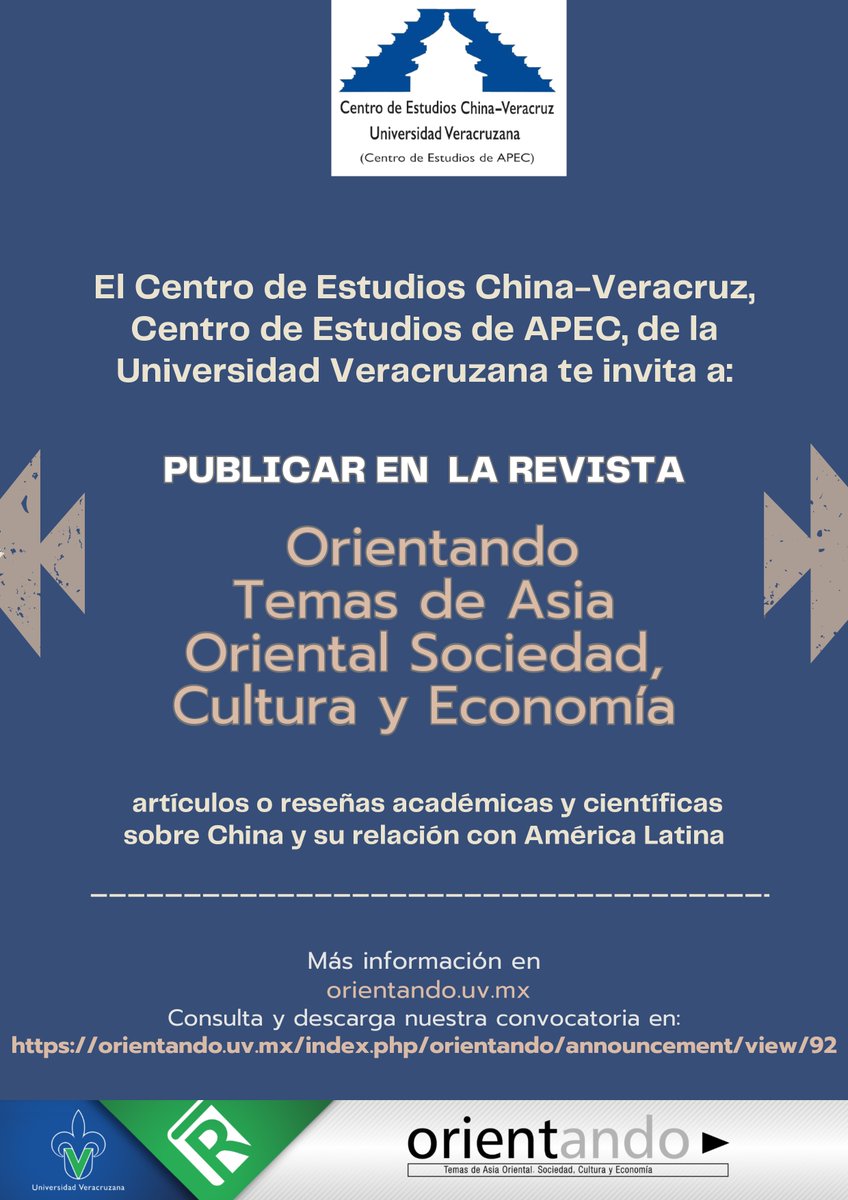 La revista Orientando Temas de Asia Oriental Sociedad Cultura y Economía te invita a formar parte de su comunidad de autores.
Revisa nuestra Convocatoria y envía tu manuscrito a orientando@uv.mx
📝Se entrega constancia