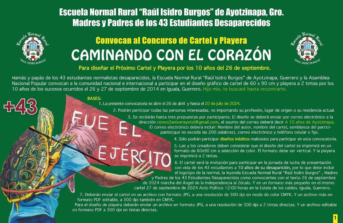 OjosDePerroVs's tweet photo. ¿Te dedicas a las artes visuales o al diseño? El comité de Padres Y Madres De #Ayotzinapa ha lanzado un llamado para definir el cartel y la playera del décimo aniversario de la desaparición de los #43 #normalistas así como la lucha de sus familias por obtener verdad y justicia. https://t.co/9tYd5IuT8S