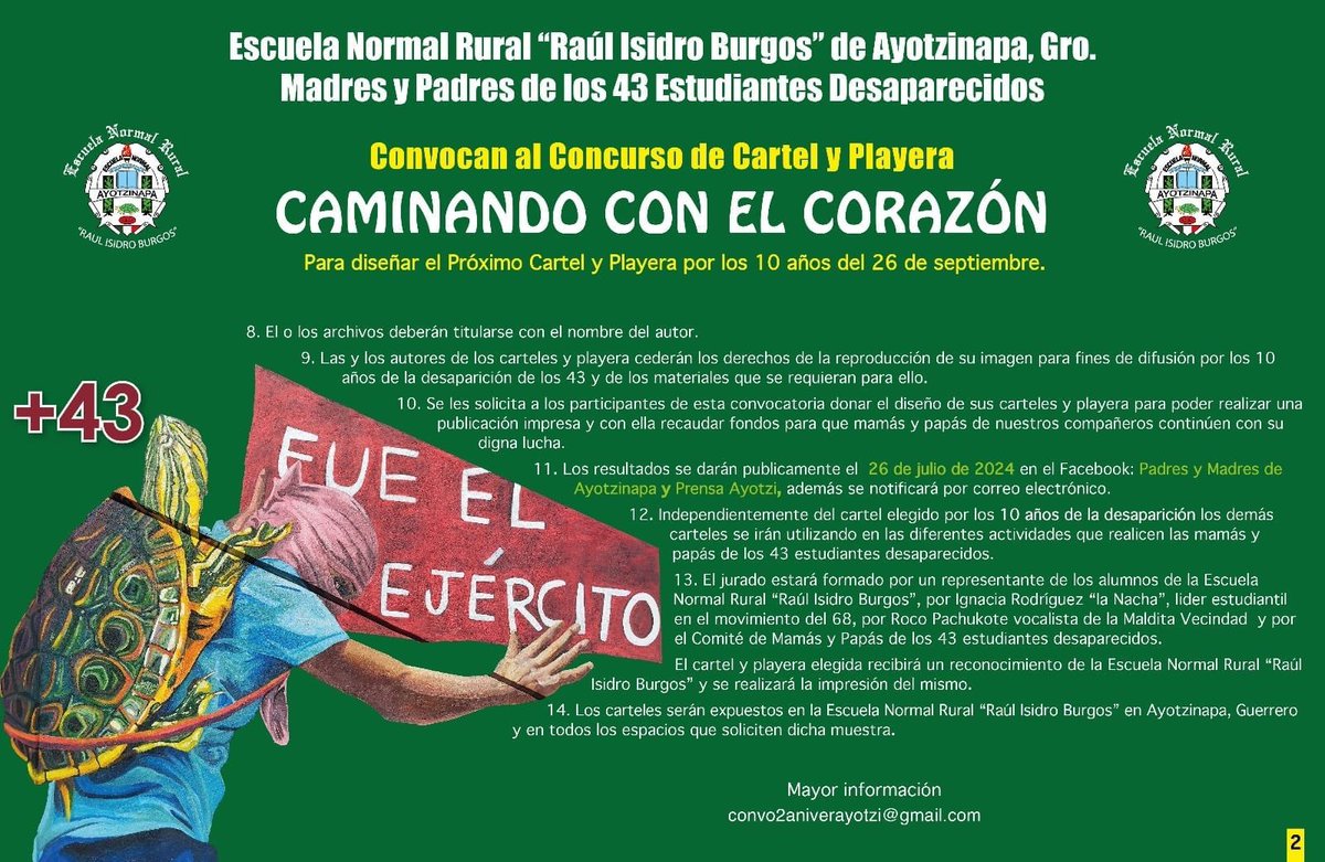 OjosDePerroVs's tweet photo. ¿Te dedicas a las artes visuales o al diseño? El comité de Padres Y Madres De #Ayotzinapa ha lanzado un llamado para definir el cartel y la playera del décimo aniversario de la desaparición de los #43 #normalistas así como la lucha de sus familias por obtener verdad y justicia. https://t.co/9tYd5IuT8S