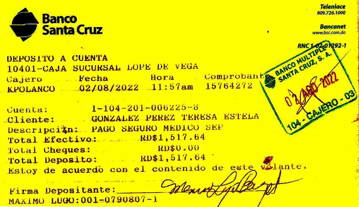 Pagos del Seguro Medico a travez de Teresita gonzalez