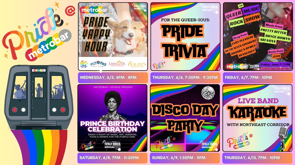 metrobardc's tweet photo. Celebrate 🏳️‍🌈🏳️‍⚧️ at our @CapitalPrideDC:
🐶 #Yappyhour
❓#Trivia
🚲 @Ward5FamilyBike
🍨 @heresthescoopdc
🎸 #Livemusic @brycebowyn
☔️ #Prince #ArtMarket
🪩 #Disco
🎤 #Karaoke
🍻@DenizensBrewing @RedBearBrewing @RightProperBeer #PridePils
🥃 @catoctincreek
https://t.co/M6kIO6u4NC https://t.co/ghkUINWPmN