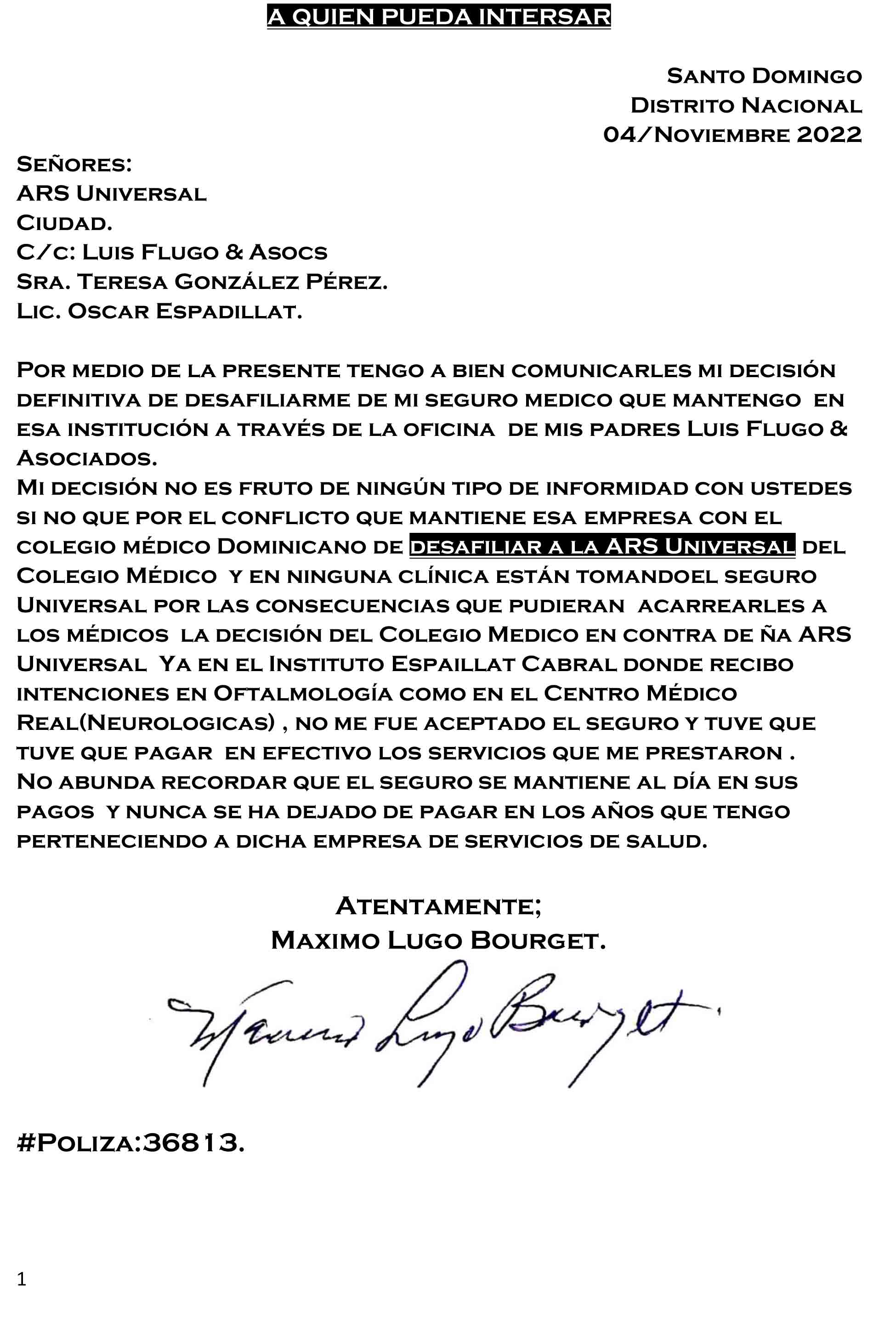 Carta a ARS Universal via Teresa Gonzales y Oscar Espaillat