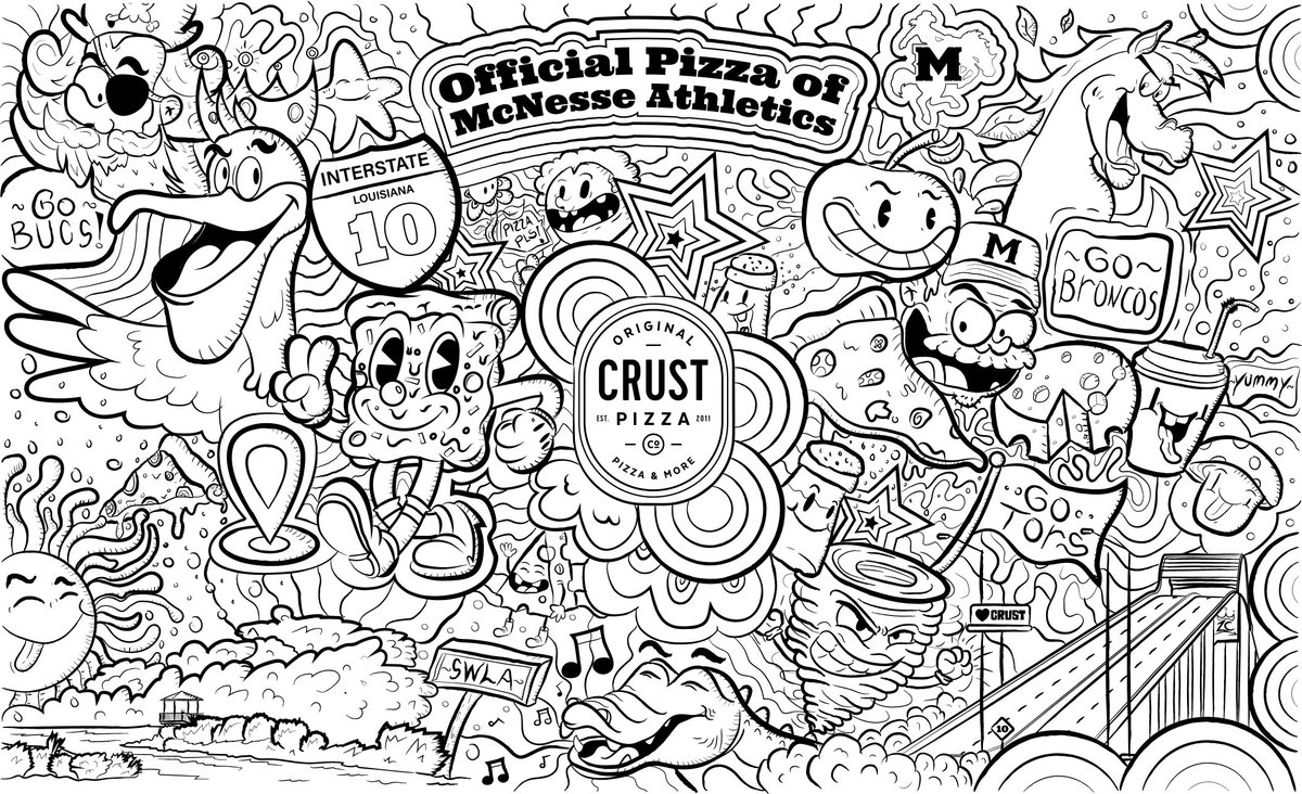 ZombieCorpCo's tweet photo. Uno de los #Doodle más grandes que hemos realizado hasta el momento. Diseño de hoja para colorear para el restaurante Crust Pizza en Louisiana, USA. Muchas referencias del estado y las ciudades en dónde tienen sus sedes y obviamente relacionadas con su producto estrella, la Pizza https://t.co/cRWFkowNxF