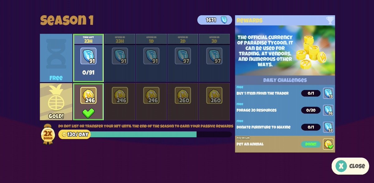 JottaErreGaming's tweet image. @ParadiseTycoon
Llevo hasta ahora 1671 insignias que me servirán para el Play 2 Airdrop, al final se convertirán en $MOANI
Las tareas son muy divertidas de hacer, estamos esperando la Season 2.
Tendremos una buena recompensa, visítame en la Isla #318718
#P2A #GameWeb3 #NFT