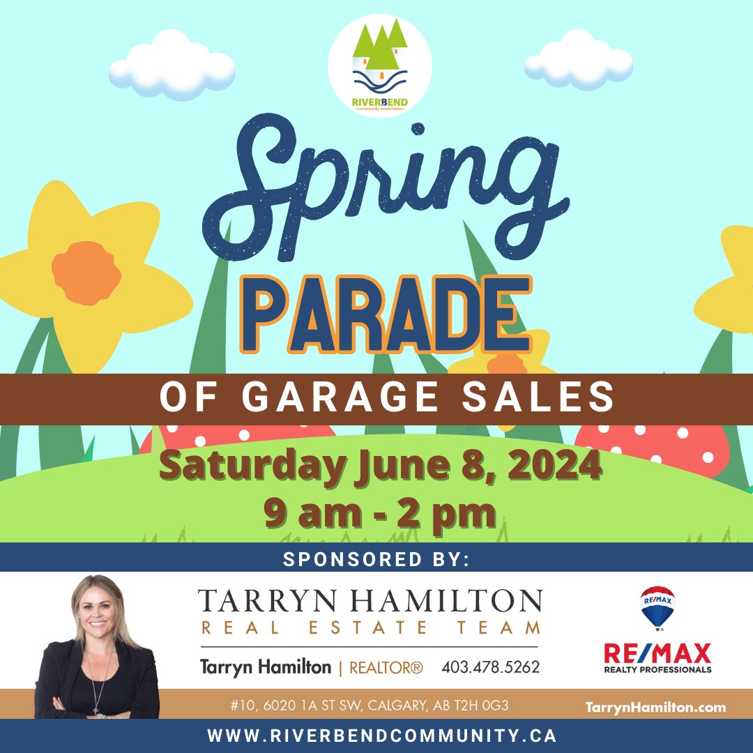 Our Spring Parade of Garage Sales is this Saturday, June 8, from 9 AM - 2 PM.  Sponsored by the TarrynHamilton.com Real Estate team. 

Once again, home-based businesses are welcome to participate! 

Register here: riverbendcommunity.ca/events/parade-…