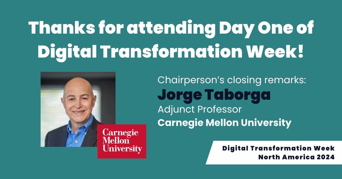 DigitalTWeek's tweet photo. Thank you so much to those in attendance today! Weโre closing up with some remarks from Jorge Taborga, Adjunct Professor at Carnegie Mellon University.
See you tomorrow for day two, and donโt forget to tag us in any photos youโve taken!
#TechEx #DigitalTransformationWeek https://t.co/p1hseOOUbu