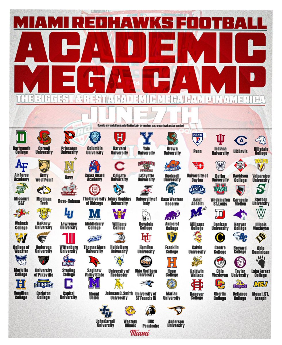 I will be at <a href="/MiamiOHFootball/">Miami Football</a> Academic Mega Camp early morning on Friday, June 7th. <a href="/CoachABarth/">Coach Barth</a> <a href="/Coachpeebs/">Bill Peebles</a>