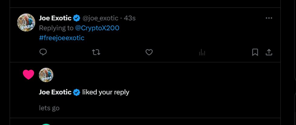 CryptoX200's tweet image. BREAK #JOE_EXOTIC #TIGERKING #JOEEXOTIC

@joe_exotic you netflix kept me from killing myself. most entertaining show ever released on Netflix and released at the perfect time. I'm praying for your freedom brother!