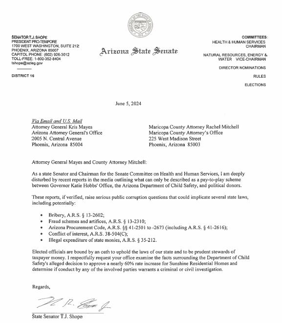 sbarchenger's tweet photo. AZ GOP Sen. @TJShope asks @AZAGMayes and @Rachel1Mitchell to look into DCS' approval of rate increases for Sunshine Residential Homes. The group argued for more money as it gave six-figures to AZ Dems and Hobbs. Background: https://t.co/W0VF0QGguP via @azcentral https://t.co/R1lPoyOd5Z