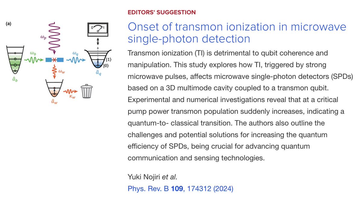 PhysRevB's tweet image. PRB Editors&apos; Suggestion: Onset of #transmon ionization in #microwave #SinglePhotonDetection

Y. Nojiri, K. E. Honasoge, A. Marx, K. G. Fedorov, and R. Gross
Phys. Rev. B 109, 174312

➡️ go.aps.org/3yF2JJj
#EdSugg #physics #condmat @APSPhysics @QUANTUMWMI @MCQST_CLUSTER