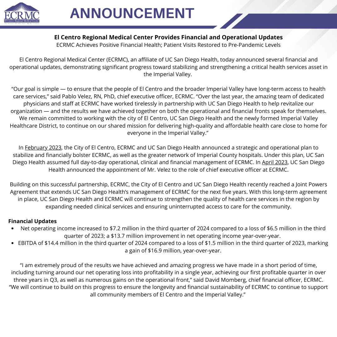 ECRMC's tweet photo. El Centro Regional Medical Center Provides Financial and Operational Updates https://t.co/VRy78mPJFH