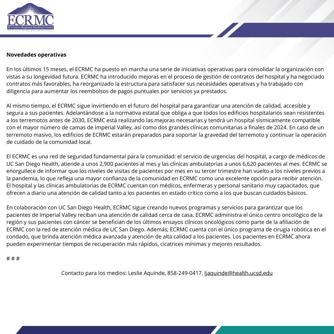 ECRMC's tweet photo. El Centro Regional Medical Center Brinda Novedades Financieras y Operativas https://t.co/fUWxDk7XxC