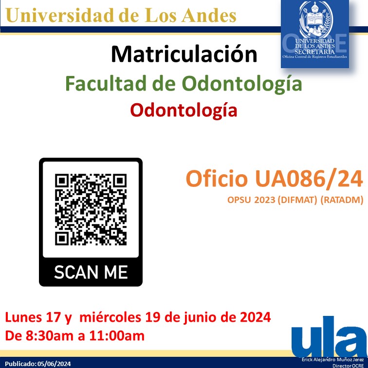 Se informa sobre la Matriculación de la lista de admitidos del Oficio UA086/24 la misma se realizará: lunes 17 y miércoles 19 de junio de 2024.  
Debe ir a la página de OCRE ula.ve/ocre/ y leer cuidadosamente la Guía para el Procedimiento de Matriculación.