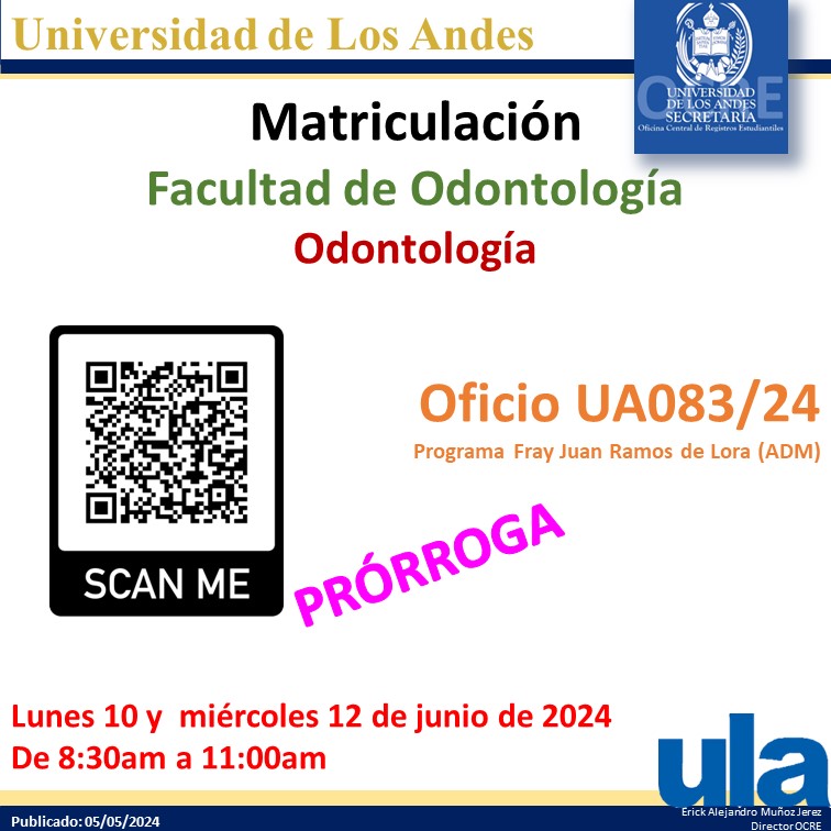 Se informa sobre la Prórroga de la Matriculación de la lista de admitidos del Oficio UA083/24 la misma se realizará: lunes 10 y miércoles 12 de junio.
Debe ir a la página de OCRE ula.ve/ocre/ y leer cuidadosamente la Guía para el Procedimiento de Matriculación.