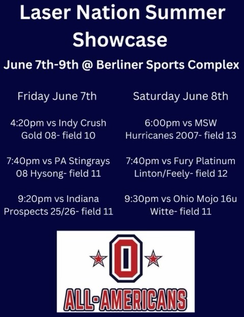 Come check out some great games at Berliner in Columbus, Ohio this weekend for the Lasers Nation College Showcase. 
<a href="/BGSUSoftball/">BGSU Softball</a>, <a href="/YSUSoftball/">Youngstown State Softball 🐧</a> , <a href="/UKsoftball/">Kentucky Softball</a> , <a href="/Coach2K_OSU/">Kirin Kumar</a> , <a href="/KentStAthletics/">Kent State Athletics</a>, <a href="/ZipsSB/">Akron Zips Softball</a>, @CoachErinn, <a href="/CoachHampton_/">Crystal Hampton</a> ,<a href="/kianarae20/">Kiana Quolas</a>, <a href="/MiamiOH_SB/">Miami Softball</a>