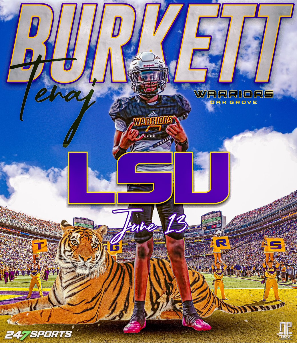 NathanPurvis's tweet photo. Class of 2027 prospect, Tenaj Burkett (@TenajBurkett) from Oak Grove High School (Hattiesburg, MS) will attend camp at LSU on June 13.🐯 https://t.co/XyyYOSjuwl