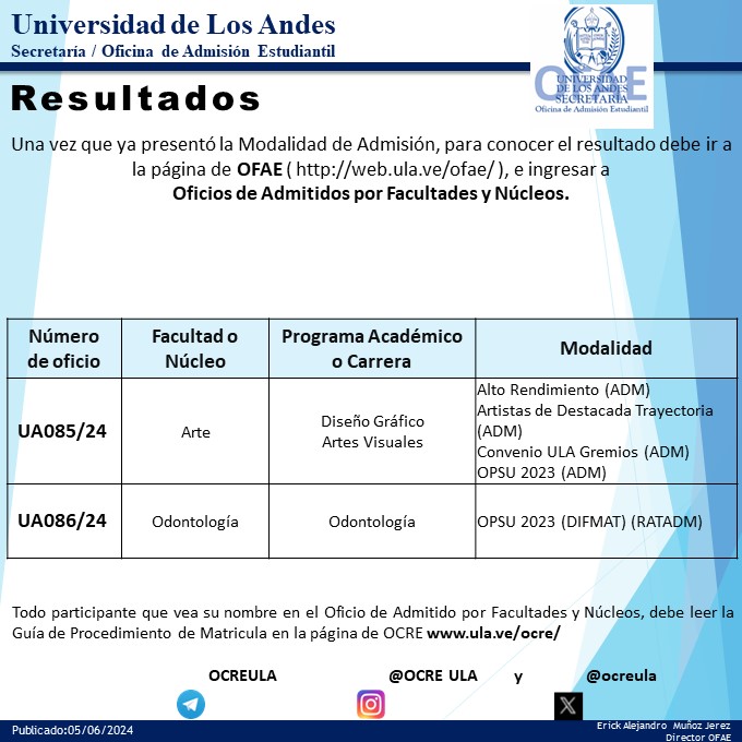 Se anuncia que ya es posible consultar las listas de Admisión en la página de la OFAE. Cualquier participante cuyo nombre aparezca en los Oficios de Admitidos debe leer la Guía de Procedimiento de Matrícula en la página de la OCRE en el enlace  
ula.ve/OCRE/