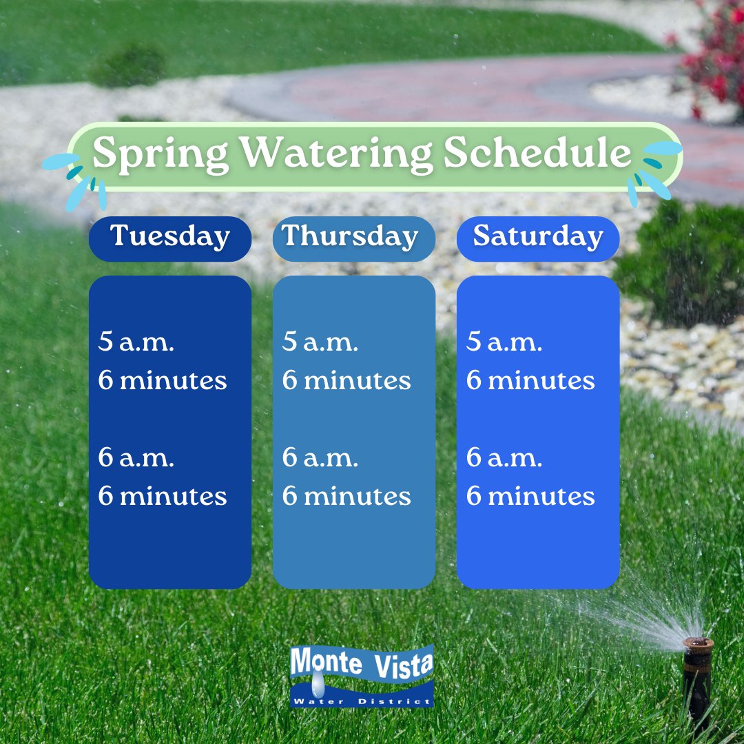 MVWDwater's tweet photo. Although the weather is warming up, #MVWD recommends sticking to the Spring Watering Schedule through the end of June. ☀
Allowing an hour pass in between watering prevents overwatering, run off to your sidewalks, and encourages healthier root systems!
#WaterTipWednesday https://t.co/FYPVwdyheh