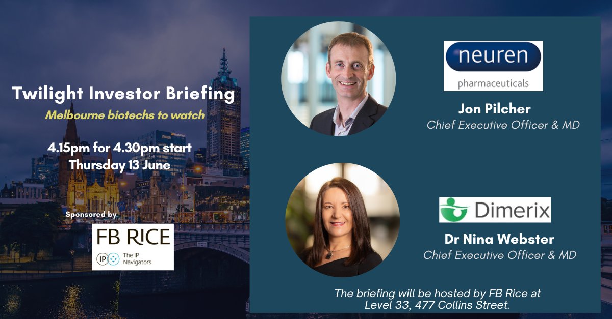 After a brief hiatus we’re looking forward to our Twilight featuring Neuren ($NEU) and <a href="/dimerixltd/">Dimerix</a> ($DXB), two biotechs to watch. Join us next Thursday 13 June for presentations followed by drinks and canapes sponsored by <a href="/FB_Rice/">FB Rice</a>: forms.gle/UpFx6UHxuqmJ2h…