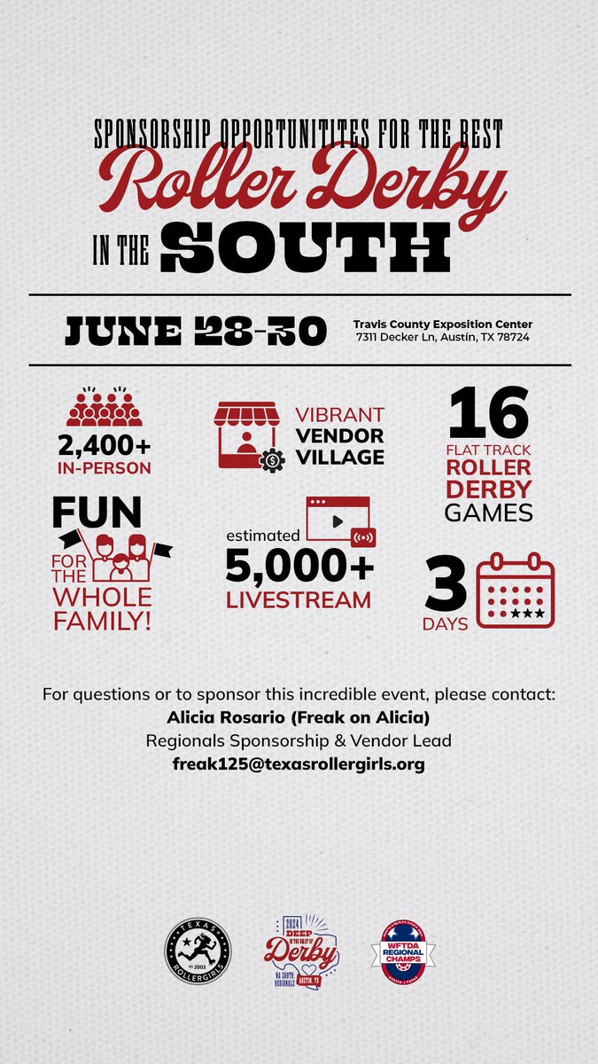Imagine your brand 🤝Texas Rollergirls for the upcoming NA South Regionals Tournament. Your brand in the lights of the Travis County Expo Center. 

Let us take you there - become a partner and sponsor for our upcoming Regionals tournament!. Email  freak125@texasrollergirls.org