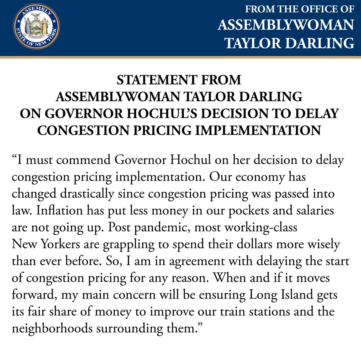 I have fought hard to elevate the voices of so many of my constituents on Long Island as we have cried out against the extra cost of congestion pricing.

Thank you <a href="/govkathyhochul/">Governor Kathy Hochul</a> for listening and for delaying the start of congestion pricing.