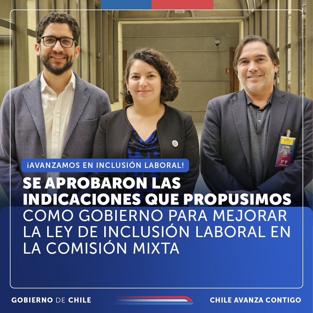 MinDesarrollo's tweet photo. ¡Gran noticia para la Inclusión Laboral!

Hoy, la Comisión Mixta de Inclusión Laboral aprobó las indicaciones que como @GobiernodeChile impulsamos para mejorar la Ley de Inclusión Laboral y seguir avanzando en que el sector público y privado tengan mejores condiciones para las personas con discapacidad.