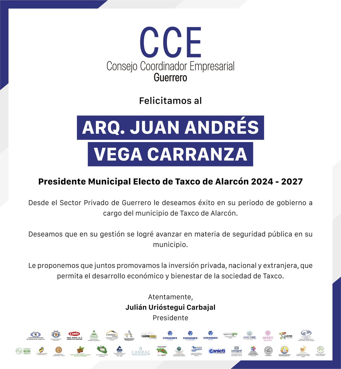 Felicitamos al Arq. Juan Andrés Vega Carranza, Presidente Municipal Electo de Taxco de Alarcón para el periodo 2024 - 2027.