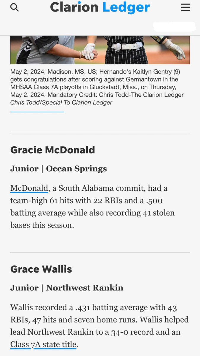 Gracie McDonald (@graciem154) on Twitter photo Very thankful to be included in Mississippi’s All-State first team by <a href="/clarionledger/">Clarion Ledger</a>!! <a href="/OSHSSoftball1/">OSHSSoftball</a> <a href="/BclarkUSA/">Becky Clark</a> <a href="/StinaMcC7/">Kristina McCain</a> @FPNationlGroves Very thankful to be included in Mississippi’s All-State first team by <a href="/clarionledger/">Clarion Ledger</a>!! <a href="/OSHSSoftball1/">OSHSSoftball</a> <a href="/BclarkUSA/">Becky Clark</a> <a href="/StinaMcC7/">Kristina McCain</a> @FPNationlGroves