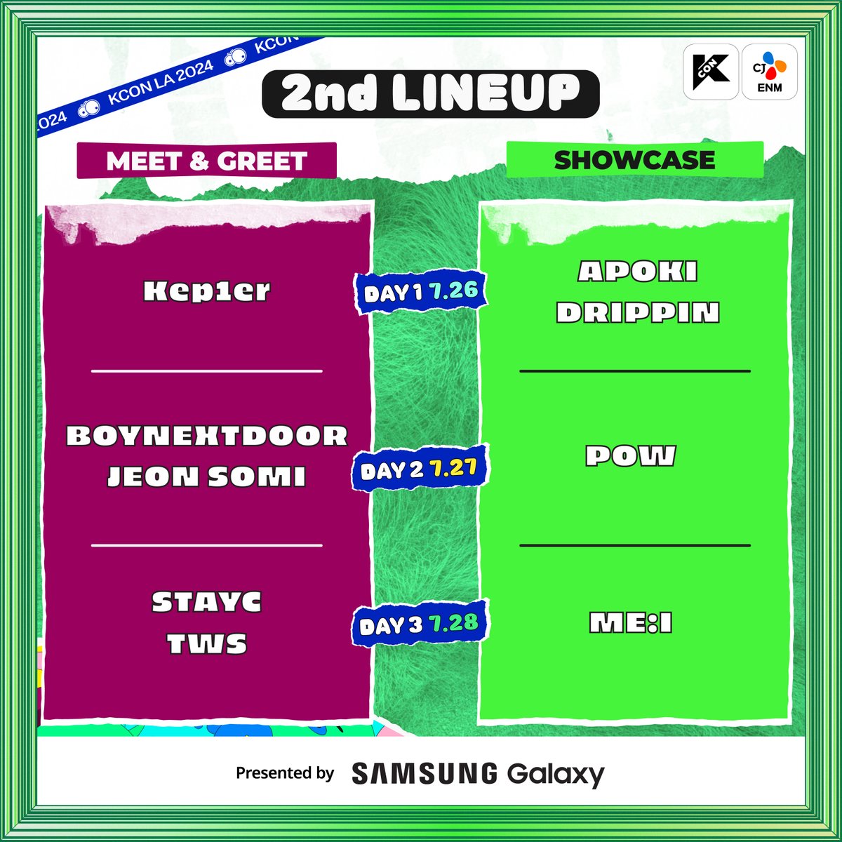 kconusa's tweet photo. [#KCONLA2024] 2nd LINEUP  

💙 #APOKI #BIBI #BOYNEXTDOOR #DRIPPIN #god #INI #JEONSOMI #JOYURI #Kep1er #ME_I #POW #STAYC #TWS ...and more! 💚  

*𝘈𝘳𝘵𝘪𝘴𝘵 𝘭𝘪𝘯𝘦𝘶𝘱 𝘢𝘯𝘥 𝘵𝘩𝘦 𝘦𝘷𝘦𝘯𝘵 𝘴𝘤𝘩𝘦𝘥𝘶𝘭𝘦 𝘮𝘢𝘺 𝘣𝘦 𝘴𝘶𝘣𝘫𝘦𝘤𝘵 𝘵𝘰 𝘤𝘩𝘢𝘯𝘨𝘦 𝘰𝘳 𝘤𝘢𝘯𝘤𝘦𝘭 𝘶𝘯𝘥𝘦𝘳 𝘤𝘦𝘳𝘵𝘢𝘪𝘯 𝘤𝘪𝘳𝘤𝘶𝘮𝘴𝘵𝘢𝘯𝘤𝘦𝘴  

🎈 JUL 26-28 
📍 https://t.co/0wcVXh0tET Arena, LA Convention Center, GILBERT LINDSAY PLAZA  

✨Let’s #KCON!