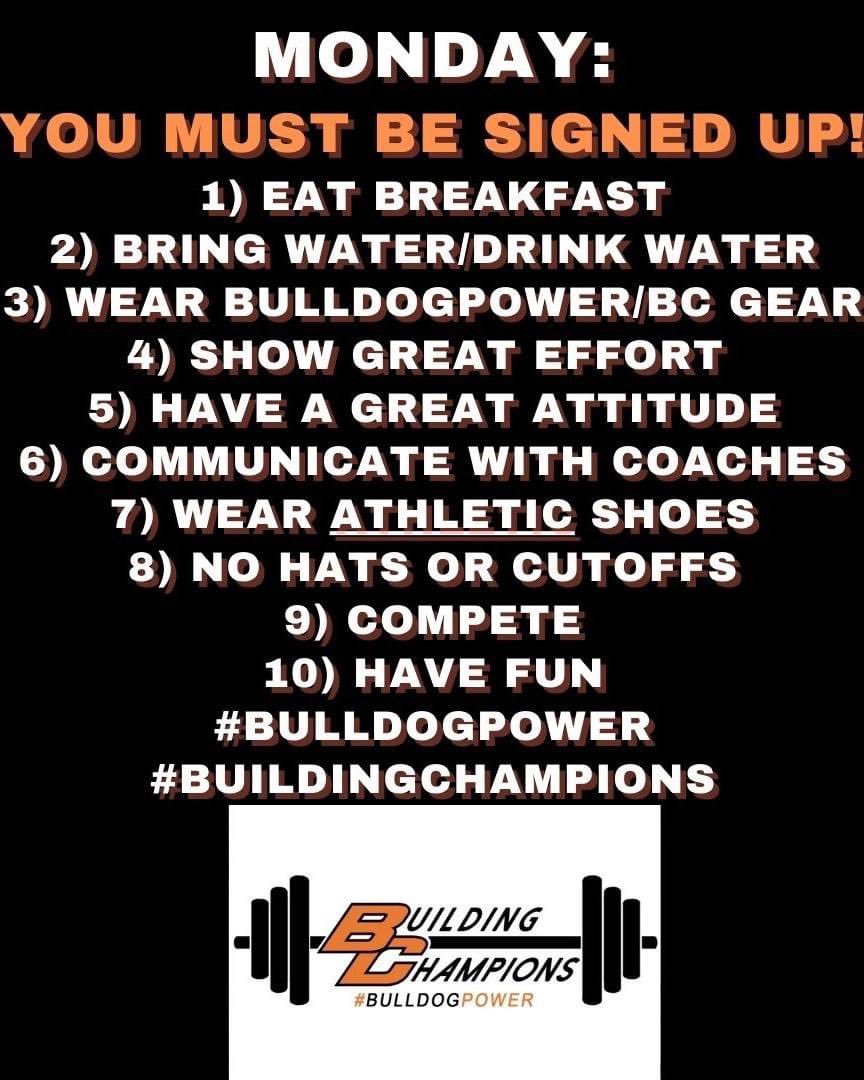 Monday:
You must be signed up!
1) Eat Breakfast
2) Bring Water/drink water
3) wear BulldogPower/BC Gear
4) Show great effort 
5) Have a great attitude
6) communicate with coaches
7) Wear athletic shoes
8) No hats or cutoffs
9) Compete
10) Have Fun
#Bulldogpower
#Buildingchampions