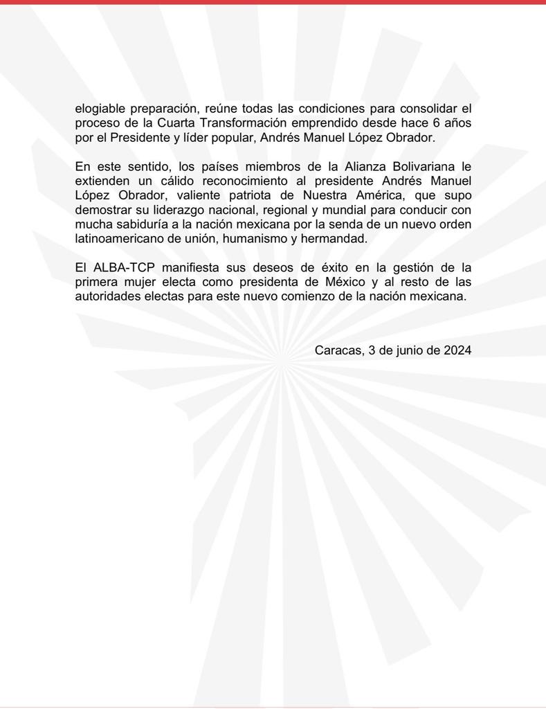 ALBA-TCP felicita al pueblo d los Estados Unidos Mexicanos por jornada electoral, manifiesta sus deseos de éxito en la gestión de la primera mujer electa como presidenta de México.
#Elecciones2024México <a href="/Barbara78904587/">BarbaraRojas</a> <a href="/HospitalPs57596/">Hospital Psiquiátrico Docente Provincial SSp</a> <a href="/LiannaMartnez/">Lianna Martínez</a> <a href="/MTrigueroCruz/">Modesto Triguero Cruz</a> <a href="/pelaez13331/">Olga Pelaez</a>