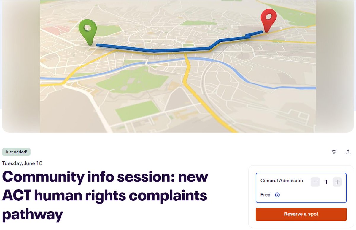 EVENT Free community info session on human rights complaints pathway 
Canberrans can soon bring human rights complaints to the ACT Human Rights Commission. 
Find out more 👇
Free community info session 18 June, 12-1pm 👇
eventbrite.com/e/community-in…