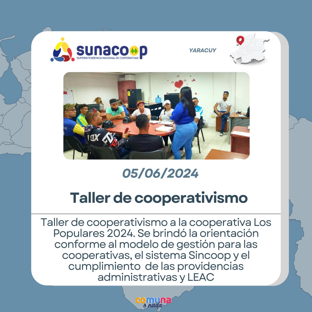Sunacoop_VE's tweet photo. #Yaracuy Taller de cooperativismo a la cooperativa Los Populares 2024. Se brindó la orientación conforme al modelo de gestión para las cooperativas, el sistema #Sincoop y el cumplimiento  de las providencias administrativas y LEAC.
@NicolasMaduro 
@GuyVernaez 
@hvargas1979 https://t.co/RO4I9Gkzh9