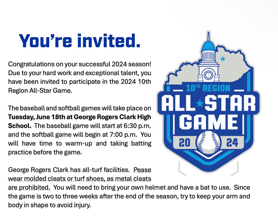 I am excited to have been selected to play in the 10th Region All-Star game on June 18th. <a href="/tenthregion/">10th Region</a> <a href="/ChelseaEFarmer/">Chelsea Farmer</a> <a href="/michaellew10/">Mike Lewis</a> <a href="/MarcKKendrick/">Coach Marc K Kendrick</a>