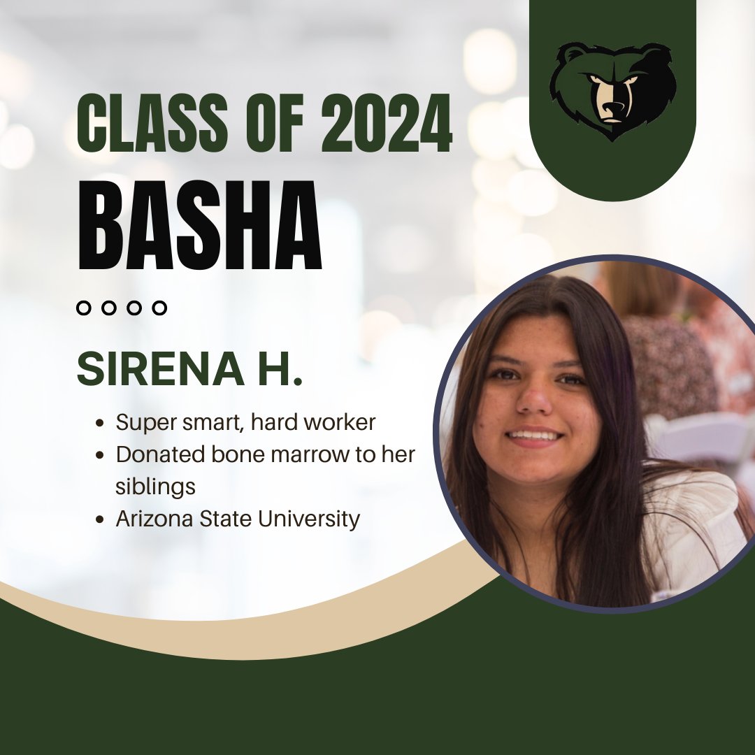 ChandlerUnified's tweet photo. Sirena H. is super smart, hardworking, and compassionate. She has donated bone marrow three times to her siblings. After graduation, she will be attending Arizona State University. #WeAreChandlerUnified #Classof2024 #BashaBears @bashabearnation https://t.co/T6BwMrOtPi