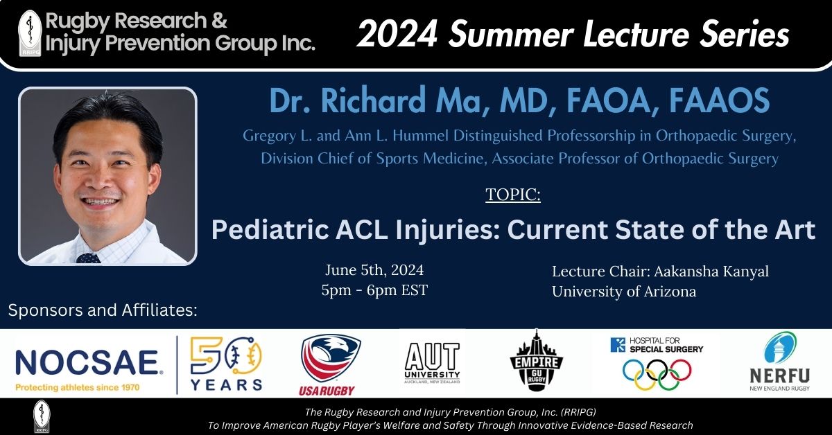 <a href="/rripg/">Rugby Research and Injury Prevention Group Inc.</a> is honored to have <a href="/RichardMaMD/">Dr. Richard Ma, MD</a> #MD for #week1 of our series. Dr. Ma is a #professor in #orthopaedic #surgery and the #chair of #sportsmedicine at #columbia #missouri. He will present “Pediatric ACL Injuries: Current State of the Art” on June 5th 2024 from 5pm - 6pm EST.