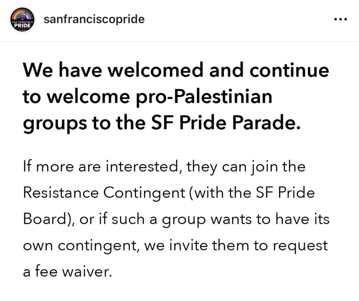 OUTRAGEOUS - San Francisco Pride Parade Organizers say NO to an ISRAEL float but allow pro Palestinian groups.

Reach out to voice your concerns about their discriminatory practices - we must never allow this blatant bigotry and antisemitism to occur in the United States.