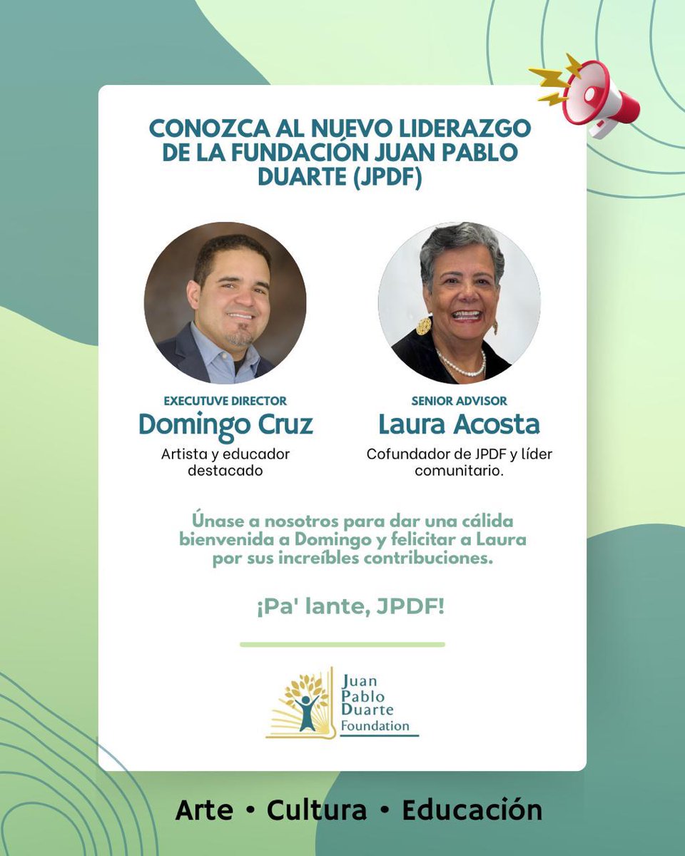 El renombrado artista y educador Domingo Cruz es nombrado director ejecutivo mientras Laura Acosta pasa a ser asesora sénior: jpdfoundation.org/nuevo-liderazg…