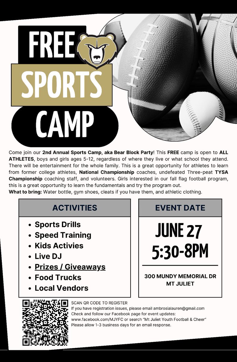 Come join our 2nd Annual Sports Camp. This FREE camp is open to ALL ATHLETES, boys &amp; girls ages 5-12.  REGISTER HERE: forms.gle/cT7Fhg6nfdd8AX… 
Girls interested in our fall flag football program, this is a great opportunity to learn the fundamentals &amp; try the program out.