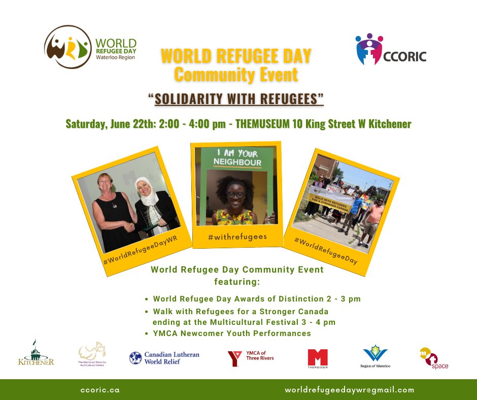 Join Community Coalition on Refugee and Immigrant Concerns (#WR_CCORIC) and community partners for the annual "World Refugee Day Waterloo Region Community Event!"
Saturday, June 22nd, 2-4 pm, <a href="/THEMUSEUM/">THEMUSEUM</a> in <a href="/CityKitchener/">City of Kitchener</a>. 
Free event. All are welcome!