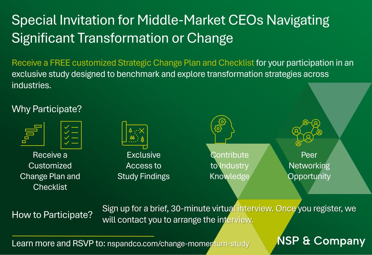 Join leading CEOs in a pivotal study on business transformation. Gain customized tools and first-hand insights to steer your company’s future. Receive a Customized Strategic Change Plan and Checklist. Learn more and sign up at: lnkd.in/gr5ktTGH
#Leadership #Transformation