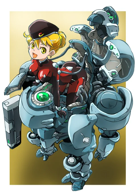 頭空っぽラクガキ756「オリジナル」で「ガルパンをイメージしながら描いたパワードスーツ」なんとなくでパワードスーツ描いて塗り始めたらスーツの色が黒森峰、キャラのイメージにダージリンがダブりました。デザインはとにかく筆を走らせながらでっち上げた。でもこれだと着込めないよね 