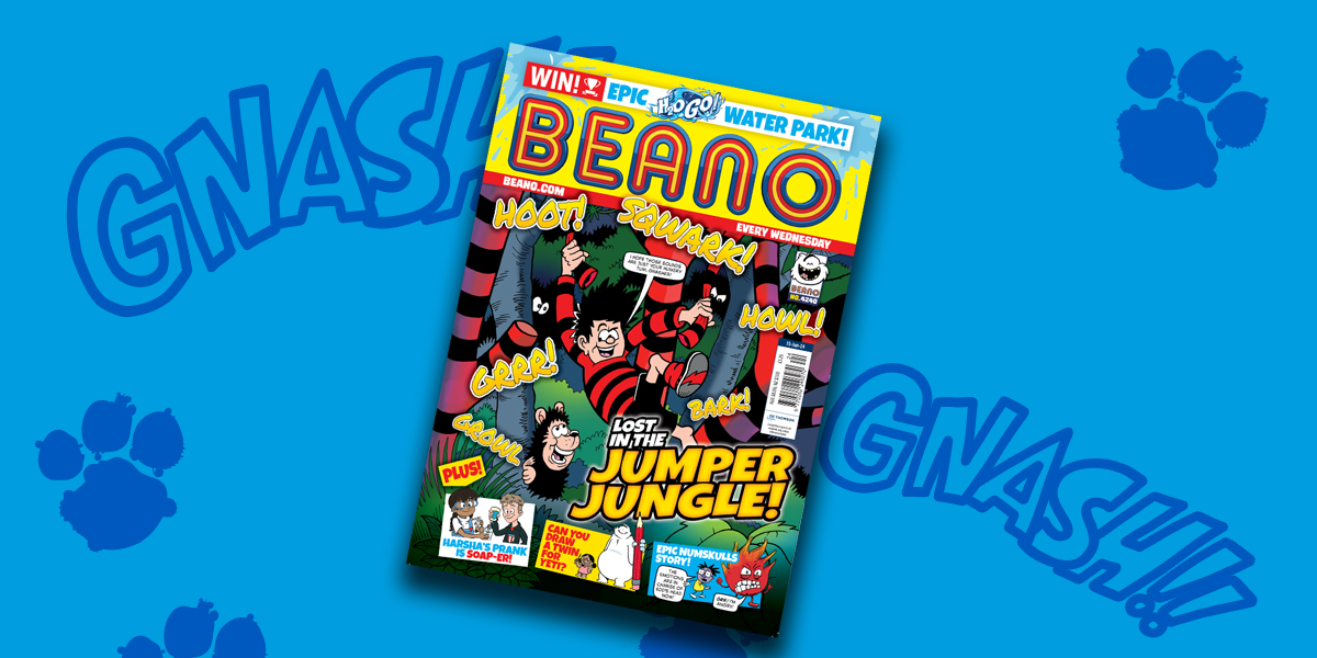 BeanoOfficial's tweet photo. It’s Beano Wednesday! 👀

This week, Dennis and Gnasher are lost in the jumper jungle! 🪡

We have a copy to give to one lucky follower.

To enter:
➡️= Follow us.
♻️ &amp; ❤️= RT and like this tweet.
✍️= Reply with an emoji.

Comp closes at 4pm today. T&amp;Cs link in bio. https://t.co/vUYGjE39nk