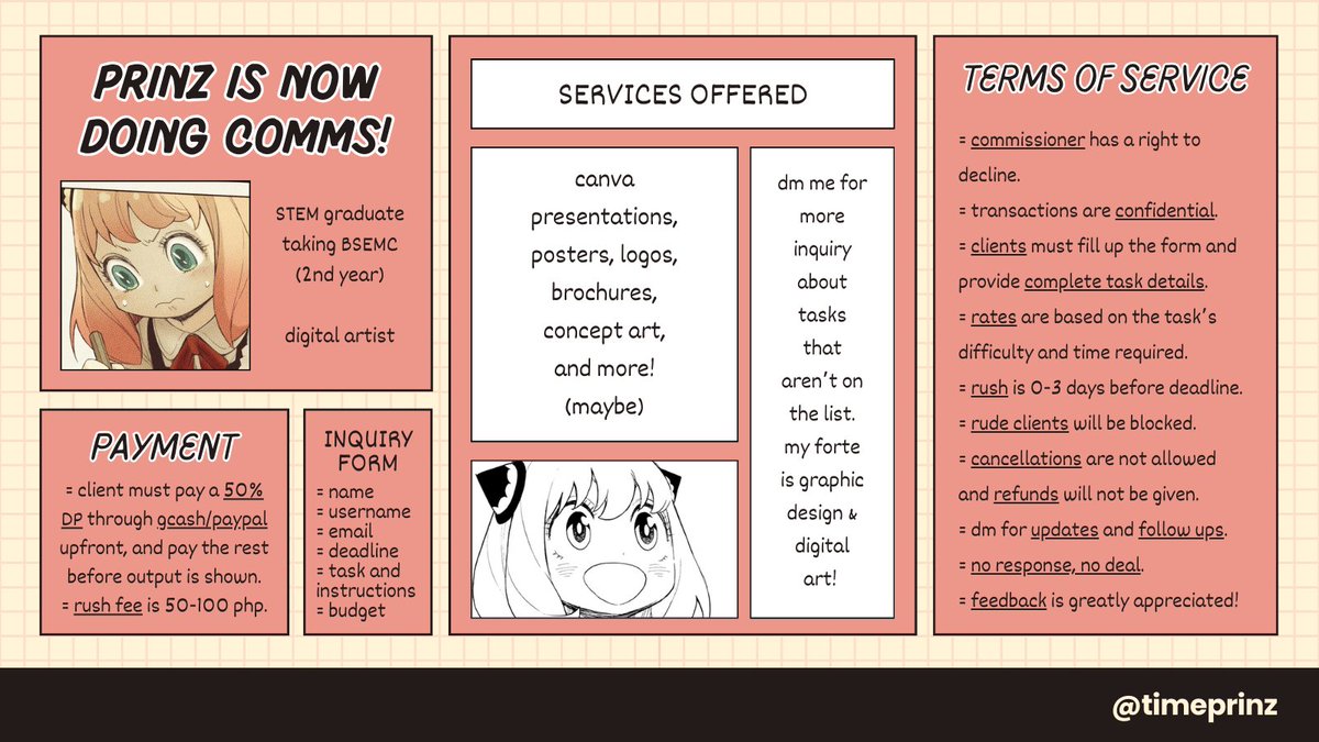 timeprinz's tweet image. hello #commstwt !

i&apos;m prinz, a digital artist who&apos;s been a client ... now doing comms as well !! 💫

i&apos;m offering graphic design and digital art services!
prices vary, but rest assured they will be student friendly.

please check the info below for my details~ 🧵