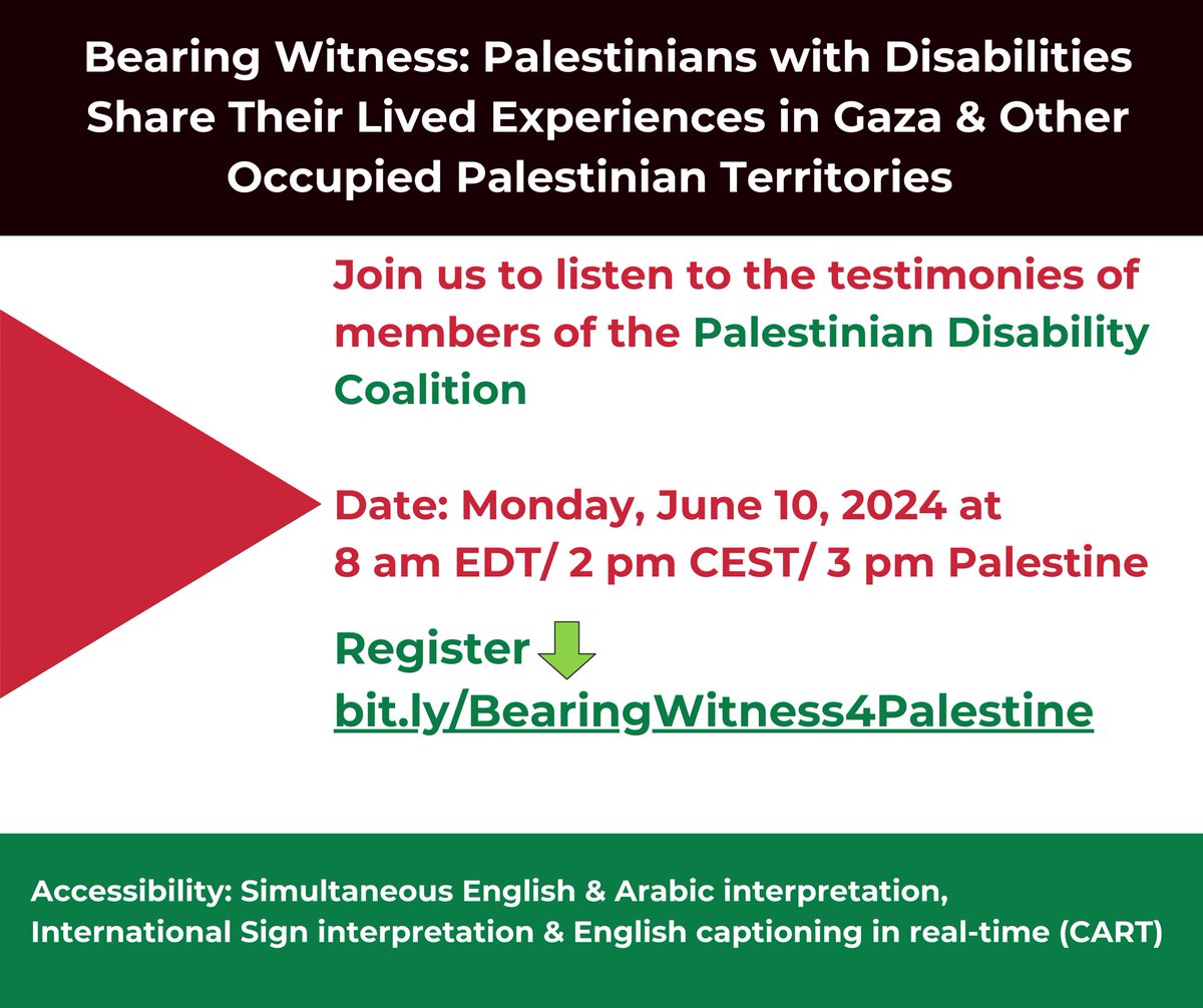Disability justice involves bearing witness to individual experiences. Learn from members of the Palestine Disability Coalition.  
“Disability justice cannot exist under settler colonialism, military occupation, imprisonment, &amp; apartheid.”  <a href="/AbolitionDJ/">AbolitionandDisabilityJusticeCollective</a> 
bit.ly/BearingWitness…