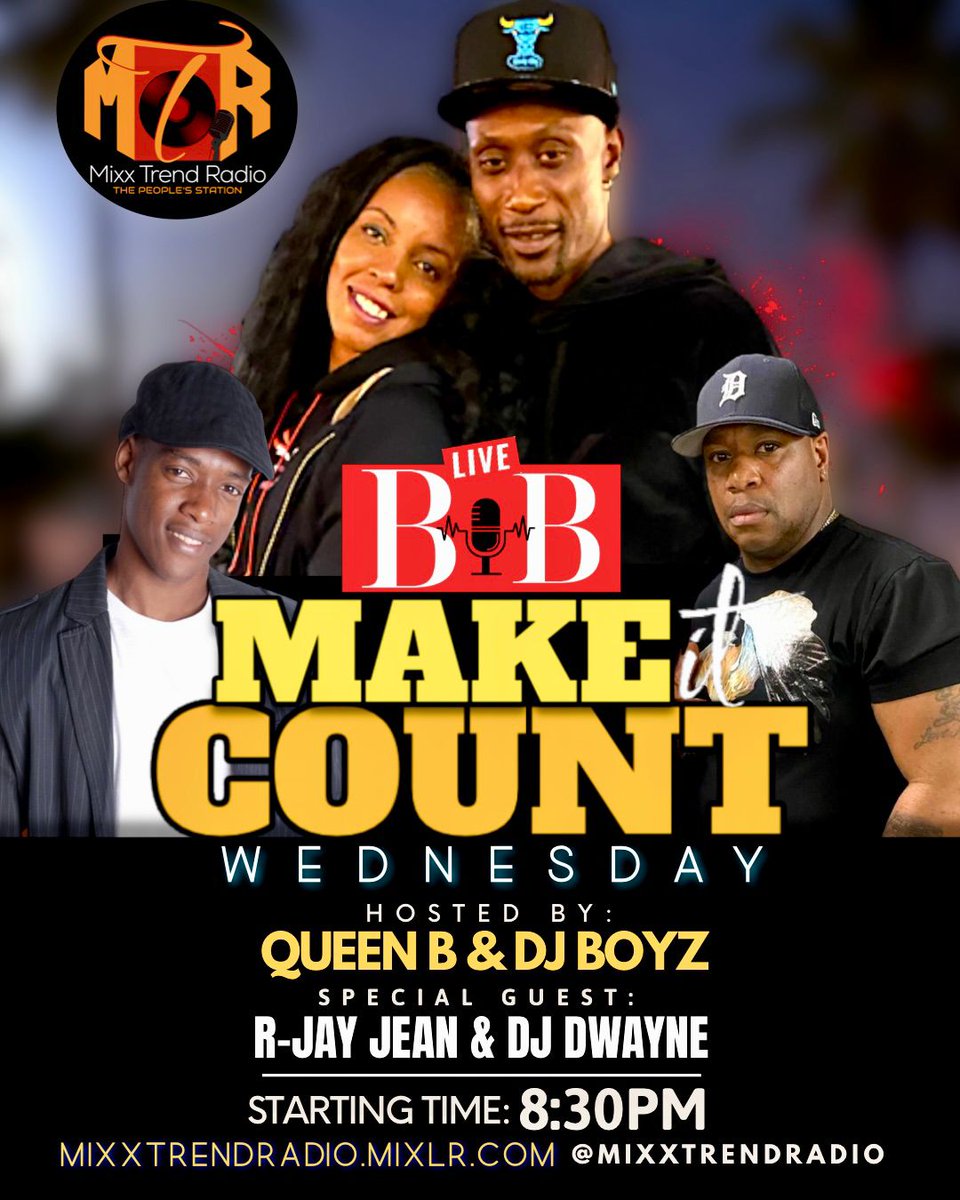 MixxTrendRadio's tweet photo. Tune in every Wednesday @ 8:30 pm with the dynamic duo starring Queen B &amp; DJ Boyz. This talk show has it all, couples advice, good music &amp; tips pertaining to grants! On this episode we have special guests, comedian R-Jay Jean &amp; DJ Dwayne will be in the building. #mixxtrendradio https://t.co/hbJslOXxkE