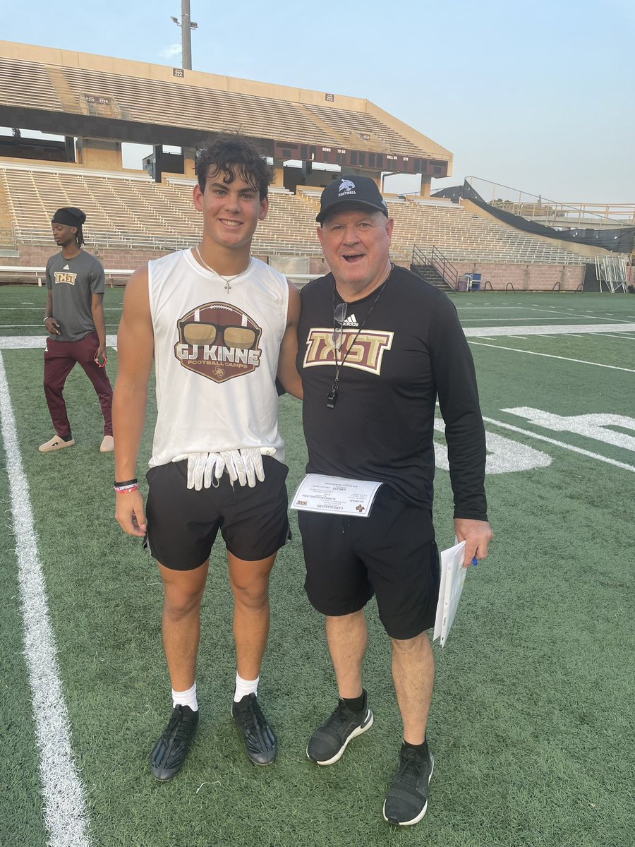 Had a great day competing <a href="/TXSTATEFOOTBALL/">Texas State Football</a>! Thank you to <a href="/CoachPeveto/">Bradley Dale Peveto</a> for the great coaching and bringing the energy!
<a href="/CoachGZimmerman/">Galen Zimmerman</a> <a href="/delossae17/">Eric De Los Santos</a>